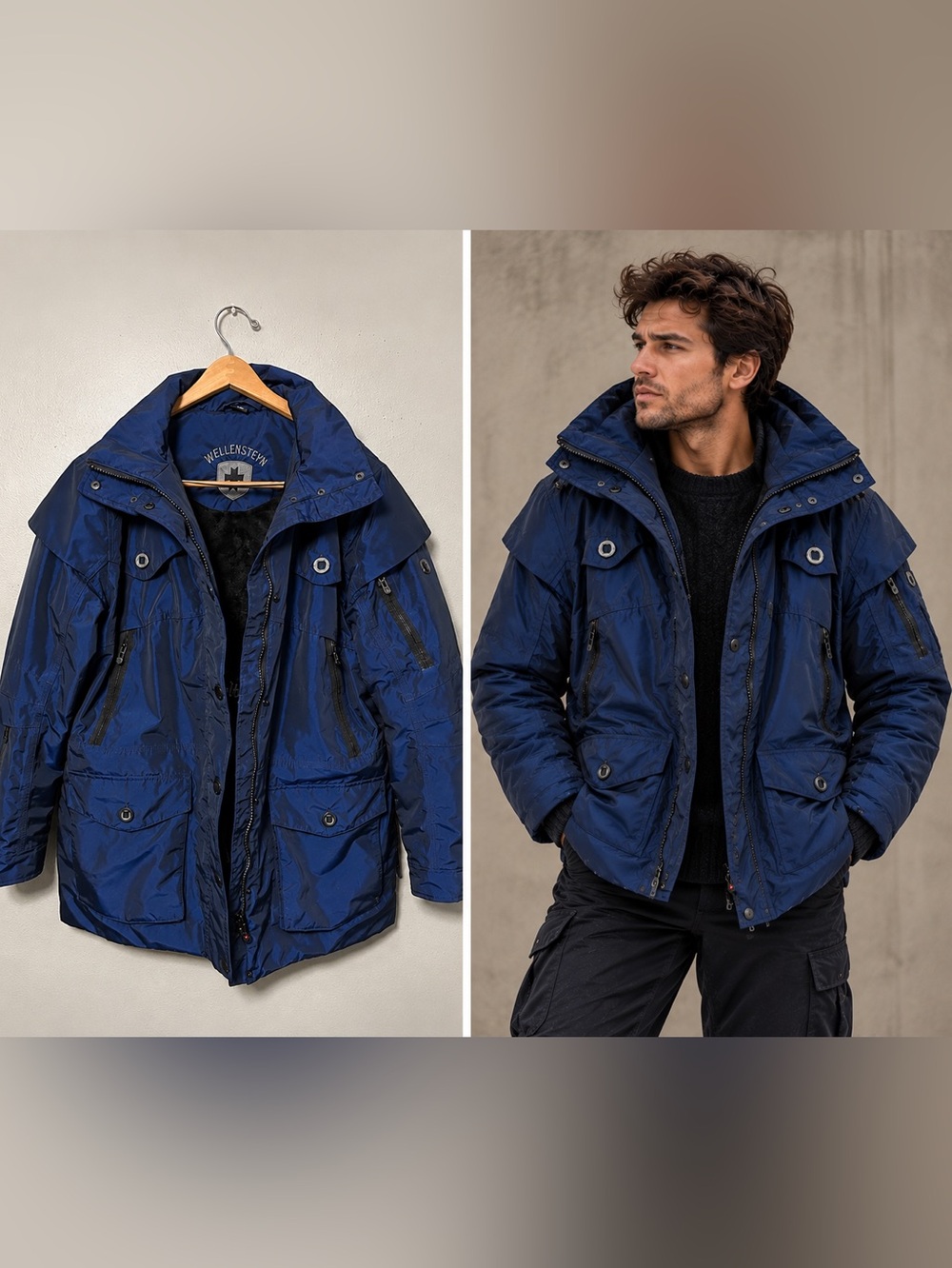 Wellensteyn Men’s Blue Winter Parka Jacket Hooded Multi Pocket Outdoor Coat XL